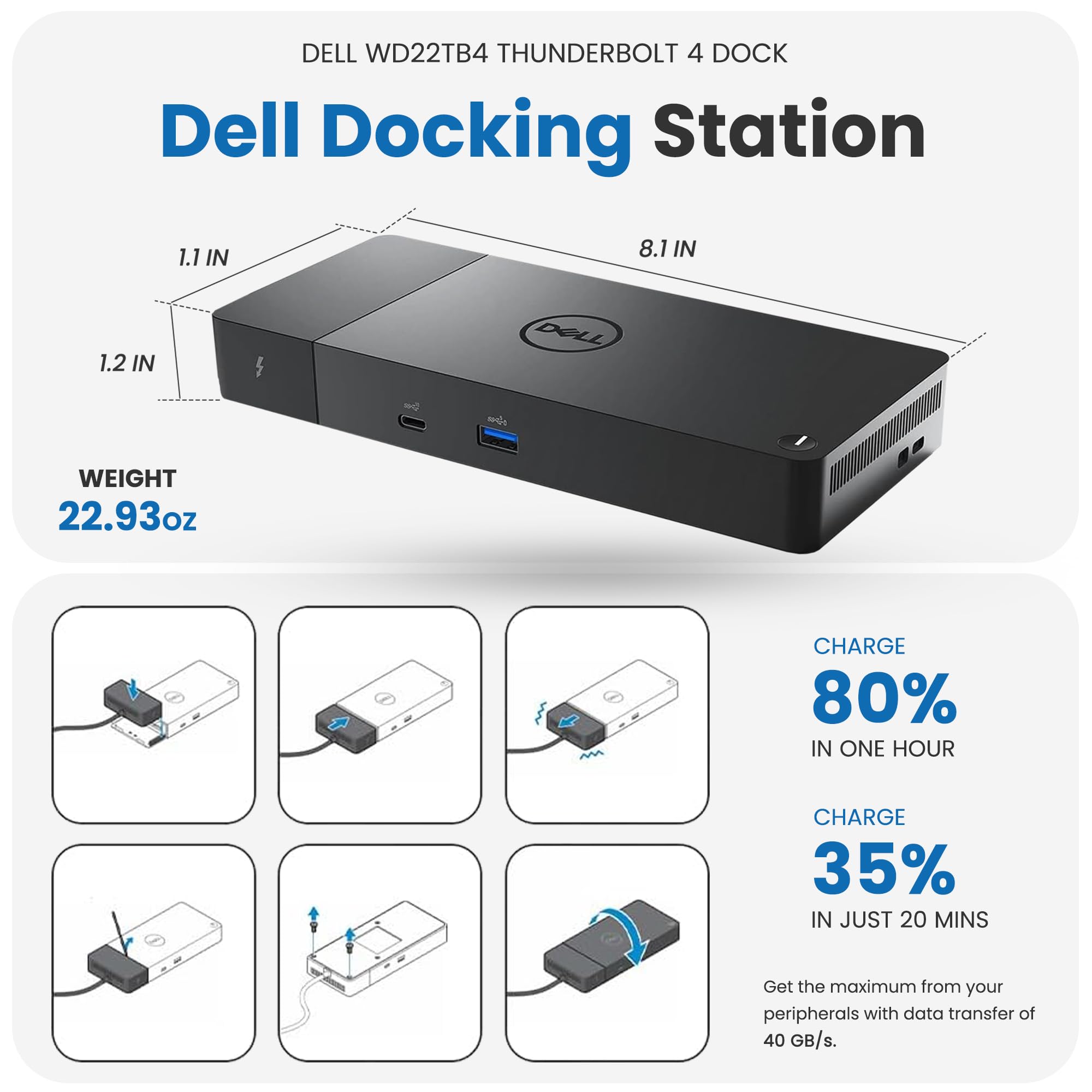 Amazon.com: Dell WD22TB4 Thunderbolt 4 Dock 180W - 40Gbps, 3-Year
